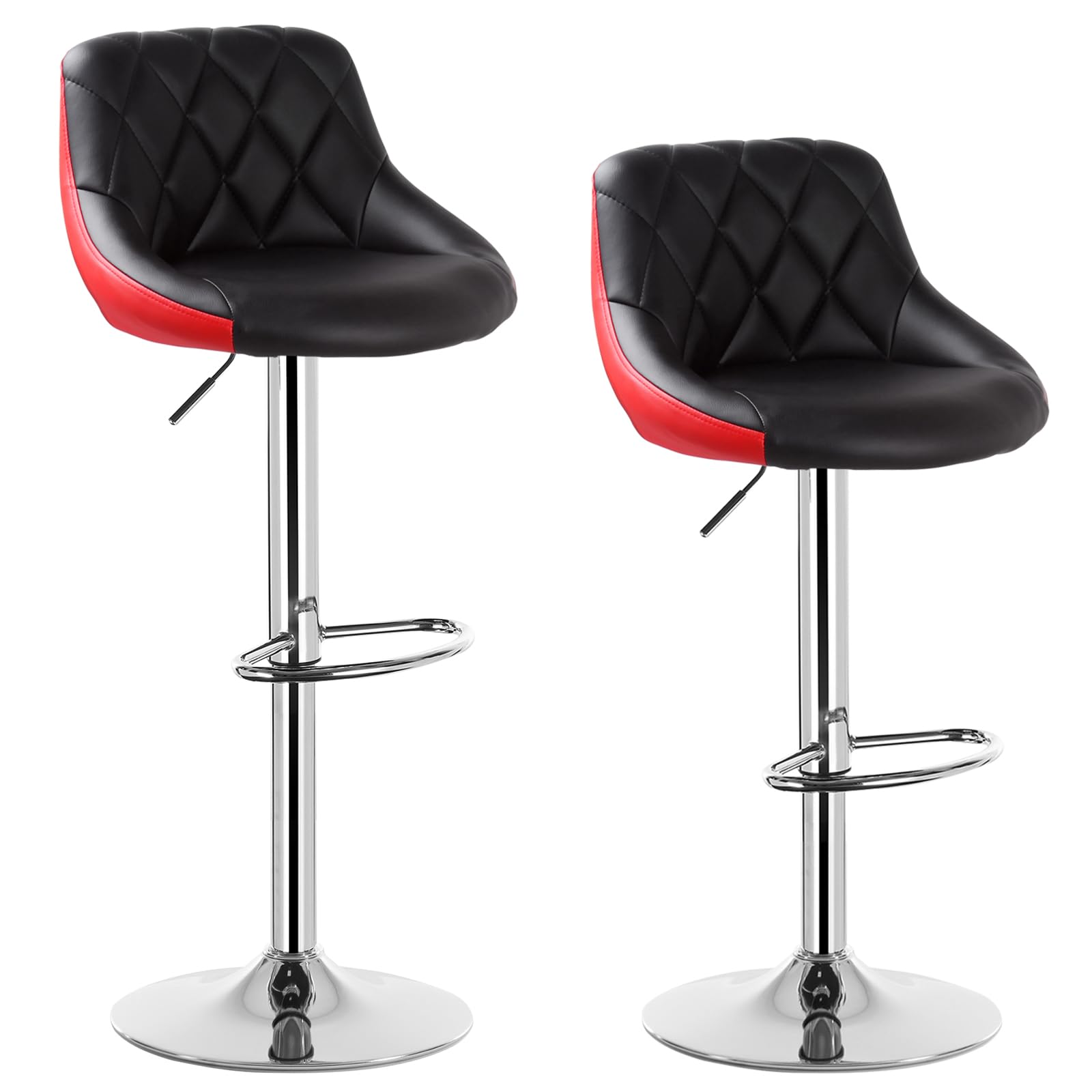 WOLTU Bar Stools Set of 2, Breakfast Bar Chairs Swivel Dining Stools, Height Adjustable Kitchen Island Barstools, Black+red Faux Leather Upholstery, Metal Footrest & Base