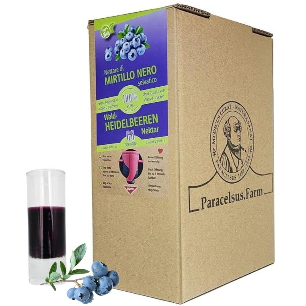 Succo di Mirtillo Nero Selvatico, 100% puro, denso, in Bag in Box da 2 Litri, senza aggiunta di acqua, zuccheri e conservanti - Origine Svedese - Paracelsus.Farm