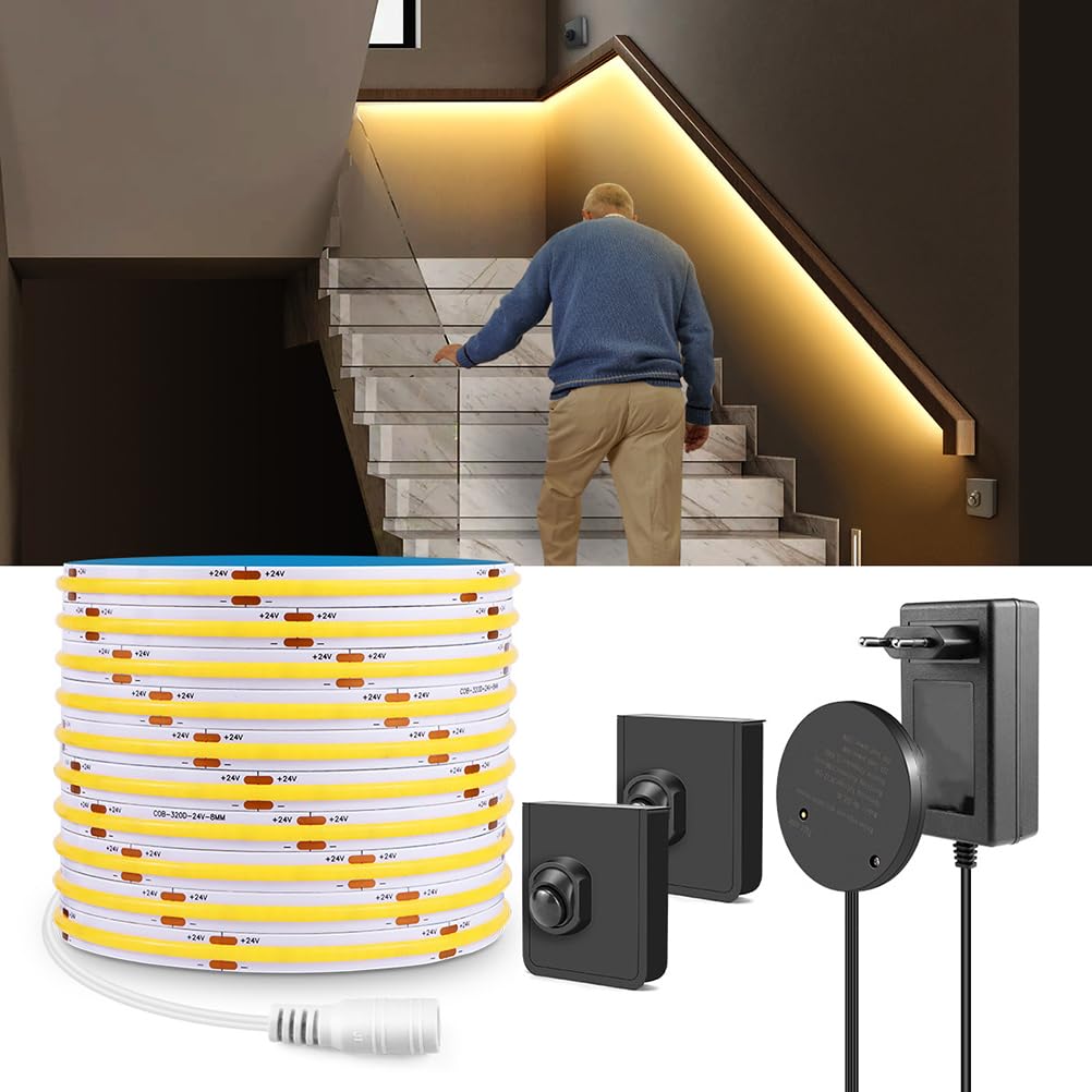 AoLa Striscia LED con sensore di movimento interni, bianco caldo 3000K 3M 960LED con 2 pezzi Interruttore portatile a batteria sensore di movimento Striscia interni Luce di movimento per scale,10M
