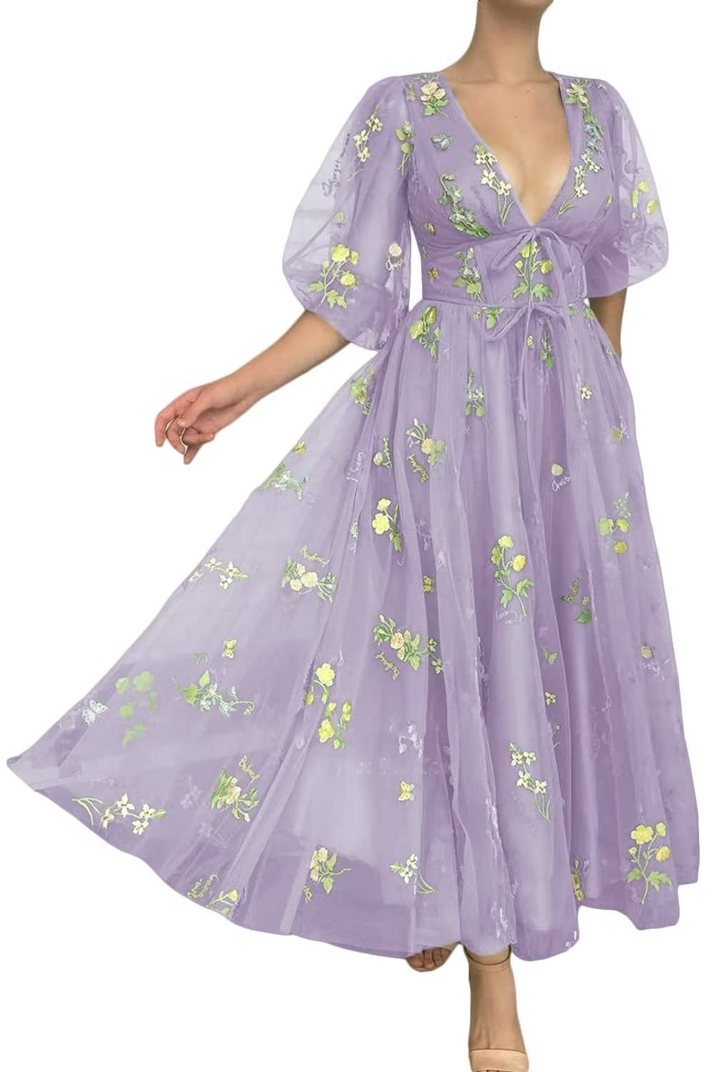 Smileven Women's Puffy Sleeve Prom Dresses Flower Embroidery Tulle Formal Evening Party Gowns