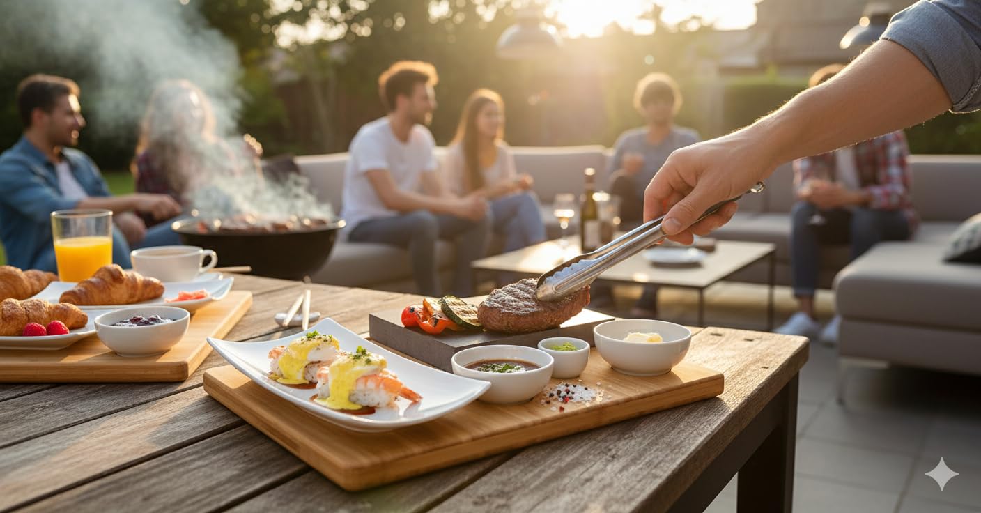 Lavastein Steakbrett 2 Sets, Servierplatte, Bambusbrett mit Hot Stone Grill, Steak Grillplatte, Steinplatte, Tischgrill Grill Set