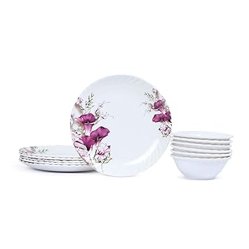 Marry-Gold Melamine Round Quarter Plates & Veg. Bowl (Pack of 12, 7 Inches, Floral Print) (M-QPB-10-12)