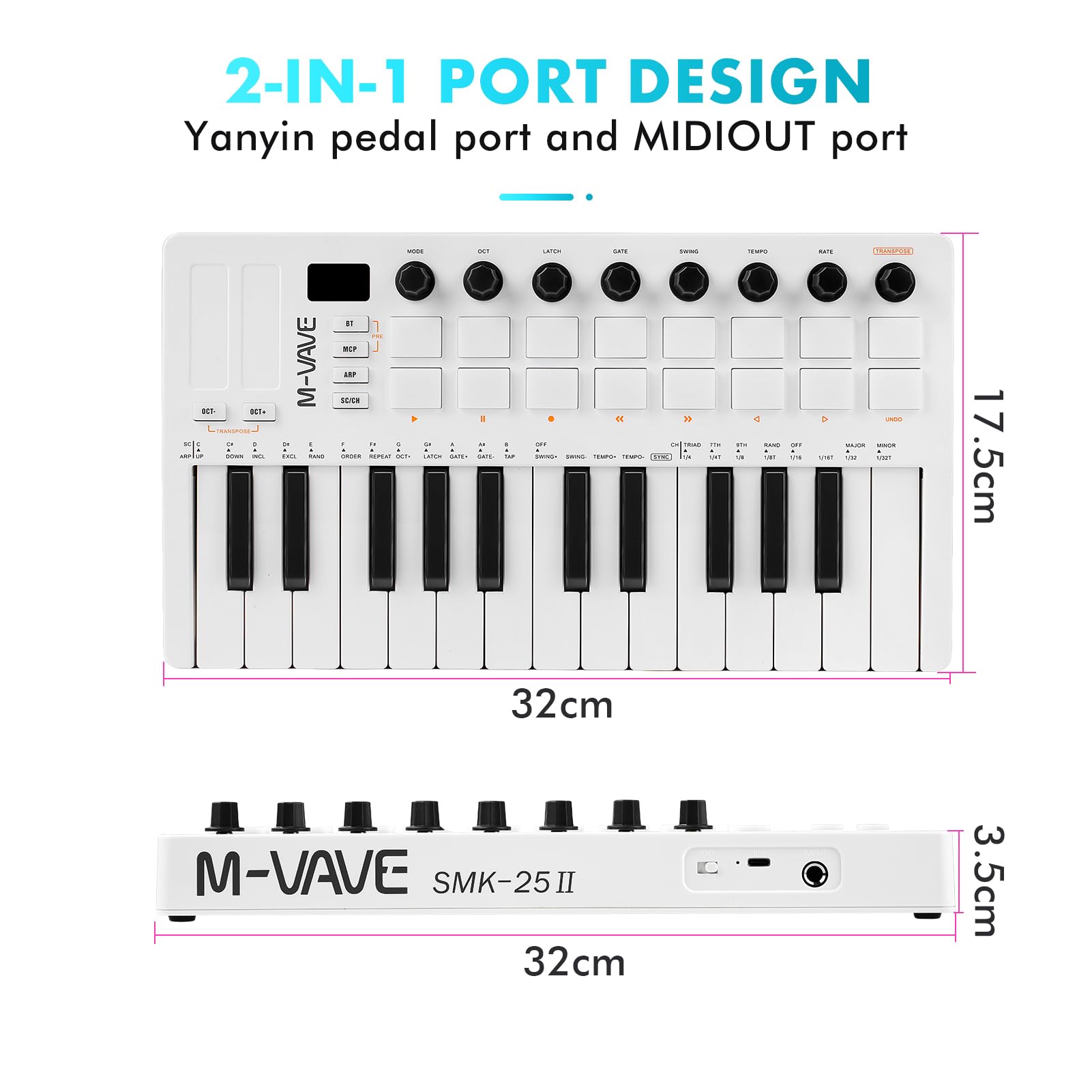 Nikou M-VAVE - Controller per tastiera MIDI, USB mini 25 tasti, ricaricabile, tastiera portatile elettrica con cuscinetti per batteria RGB, batteria integrata (bianco)