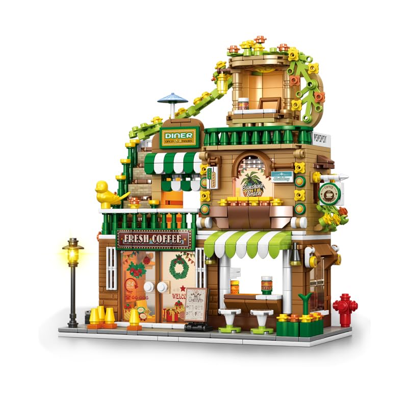Image of SKY LINE OCEAN Cityscape Coffee Shop Building Blocks Set - 828+ Pieces Urban House Store Model, Creative DIY Construction Toy for Boys & Girls, Christmas Birthday Gift | 5 Year Structural Warranty