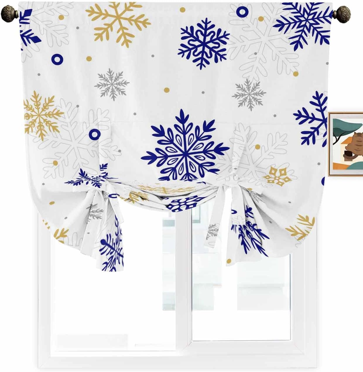 Tie Up Curtains for Windows, Merry Christmas Adjustable Balloon Nature Linen Textured Kitchen Curtain, Winter Xmas Snowflakes Blue Yellow Privacy Curtains Balloon Blind for Cafe, 42 x 63 Inches