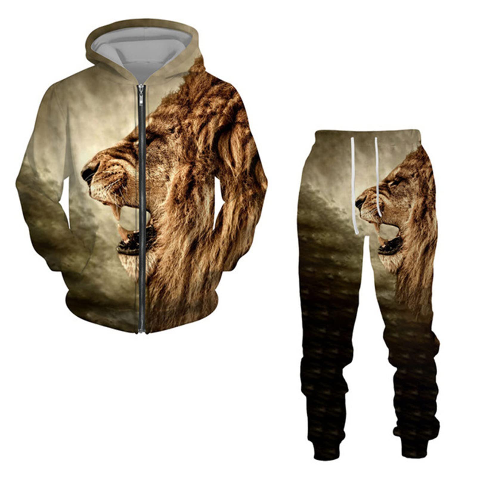 Tuta da Uomo 2 Pezzi Set Animal Lion Felpa con Cappuccio Stampata in 3D Joggers Set Casual Zipper Sportswear Set