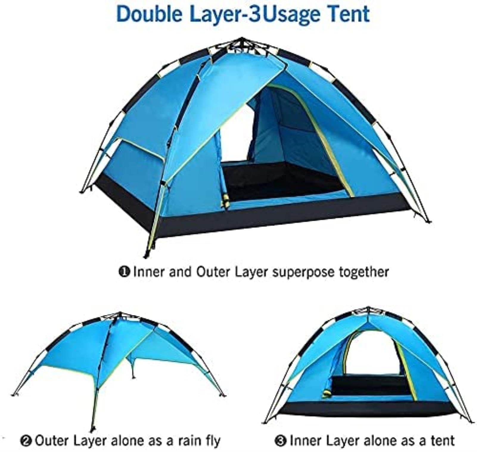 Przenośne namioty Campitent Double Layer Pop-up dla 3-4 osób, wodoodporny namiot Campidome z 2 drzwiami, wentylowanym oknem z siatki, do Hikicamping