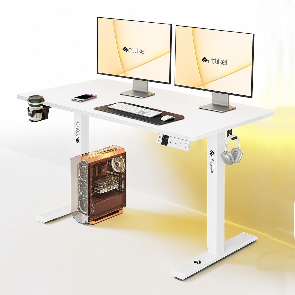 Artidesk Lite Electric Height Adjustable Table for Office & Home | Sit Stand Gaming Desk|80Kg Wt Lift | Cup Holder Headphone Hook & Cable Management|120X60Cm | White