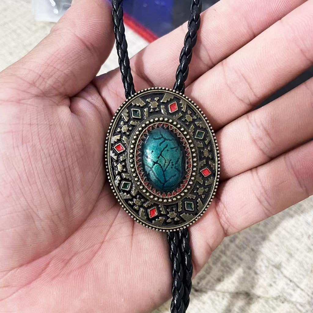 Vintage Western Bolo Tie for Men Women Turquoise Stone Oval Pendant Braided Leather Cord Cowboy Necktie
