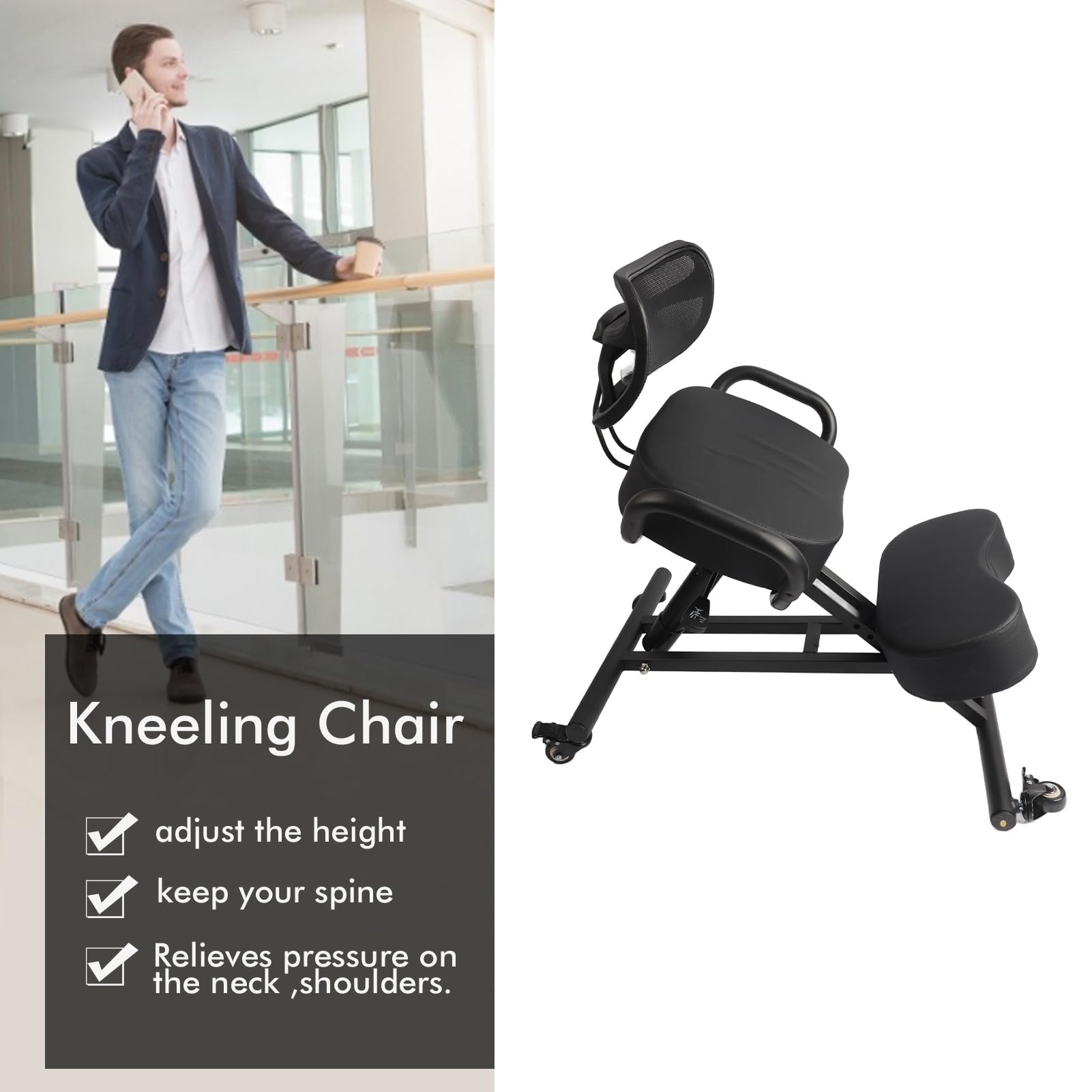 Fabater Höhenverstellbarer, Ergonomischer Kniestuhl mit Atmungsaktiver Netzrückenlehne und Lederkissen Zur Haltungskorrektur, Orthopädischer Stützhocker für den Büro- und Heimgebrauch, Verstellbar
