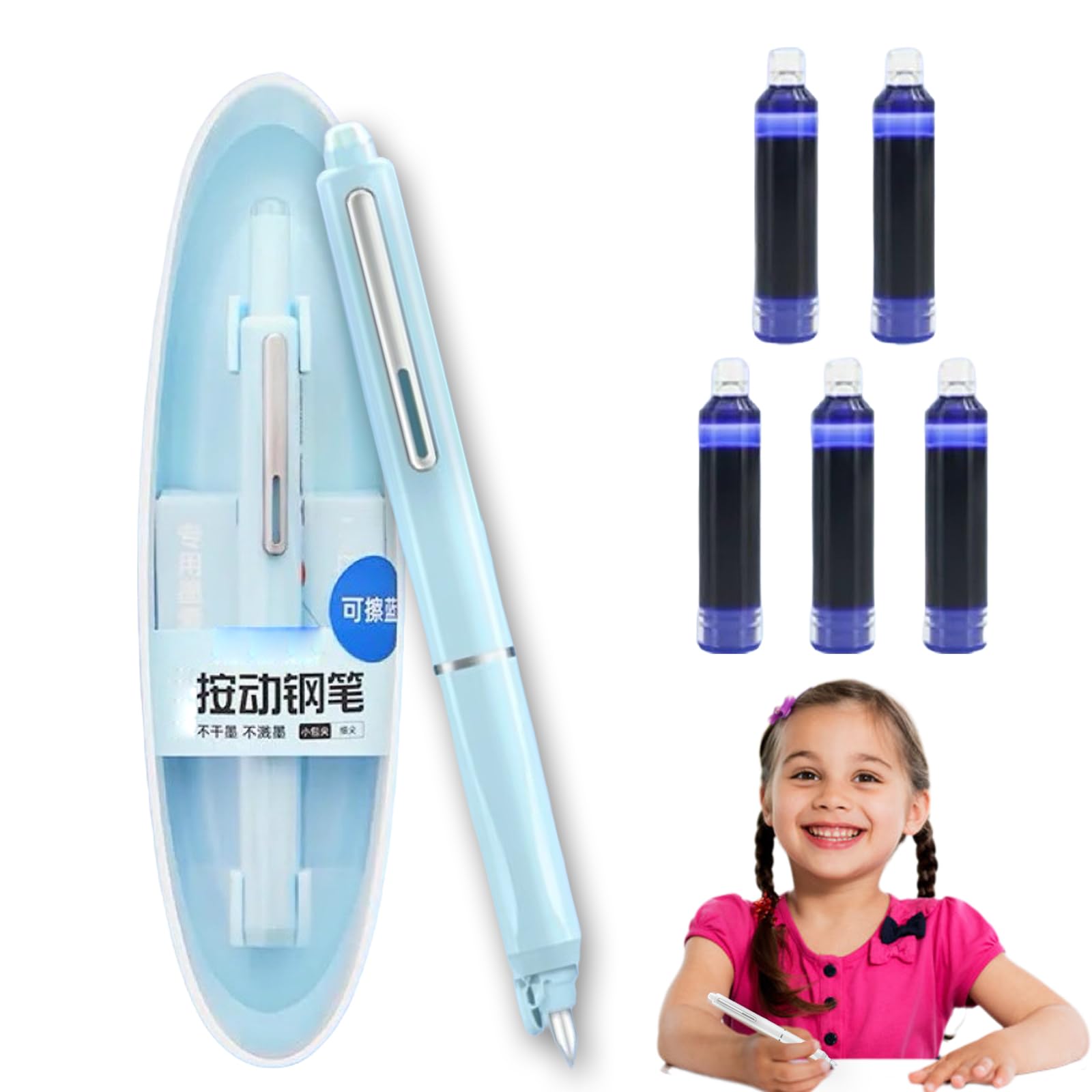 Fountain Pen Retractable:0.38mm Blue&black Ink Transparent Barrel Includes 5 Refillable Ink Cartridg, Smooth Writing No Leaking Gift Set for Calligraphy Journaling Doodling (Blue)