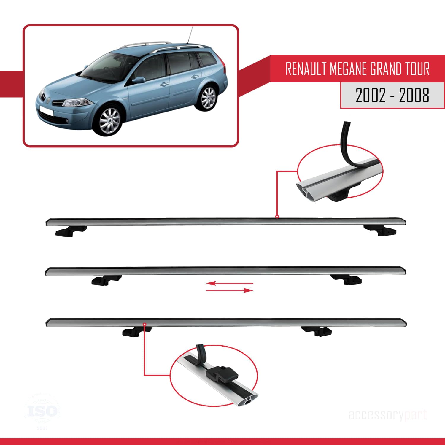 Bagażnik dachowy kompatybilny z Renault Megane Grand Tour 2002-2008 Basic Model, bagażnik dachowy, szary, aluminium, 3 drążki