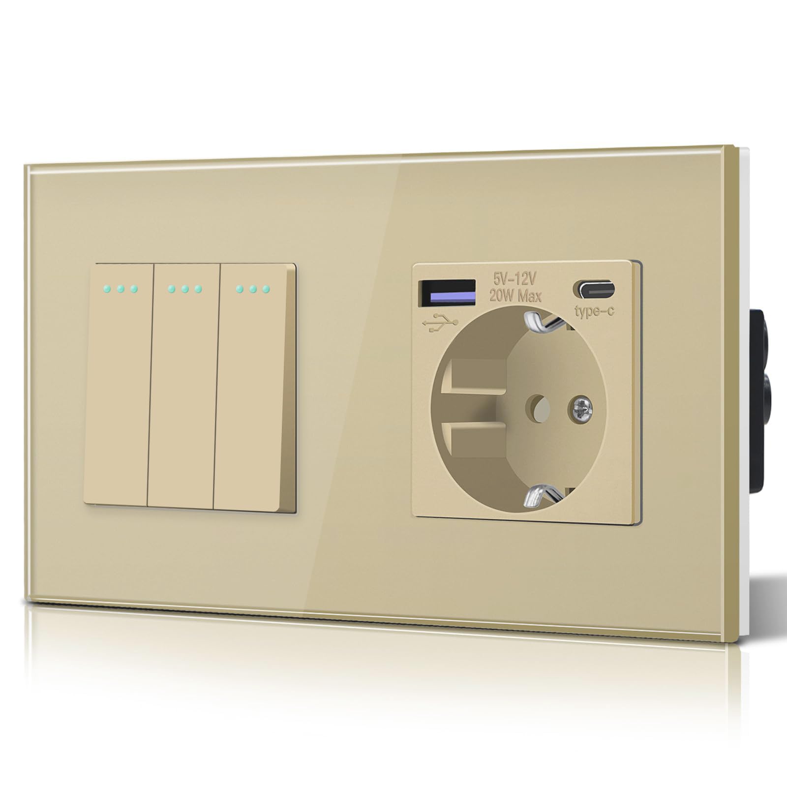 BSEED Enchufe Pared con 20W USB y Tipo C,Enchufe USB C de Cristal,Carga Rápida,3 en 1，Fácil Instalación,1 Enchufe,86mm Blanco — view 42