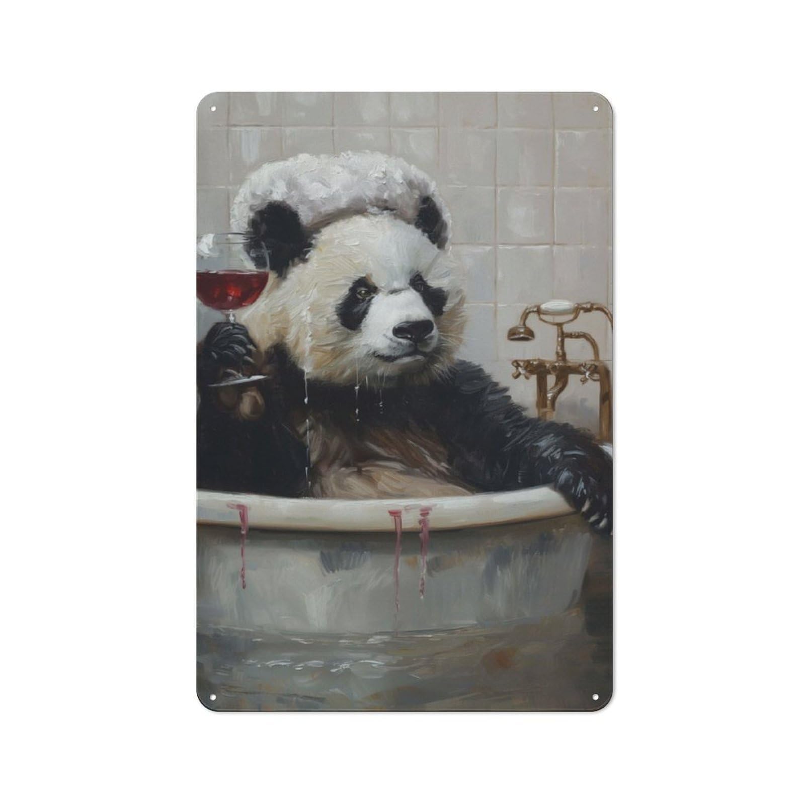 Junmoney Panda Bath Glass Red Wine Metal Wall Sign 30X20cm, Retro Decor For Hallway Wall, For Wall Display Collectors