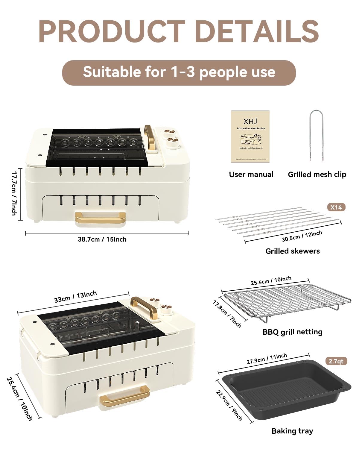 Brochetas de barbacoa para interiores, sin humo, con rotación automática de 360°, brochetas eléctricas, asador, 3 en 1, parrilla de mesa eléctrica para interiores con tapa extraíble, cocina de 2