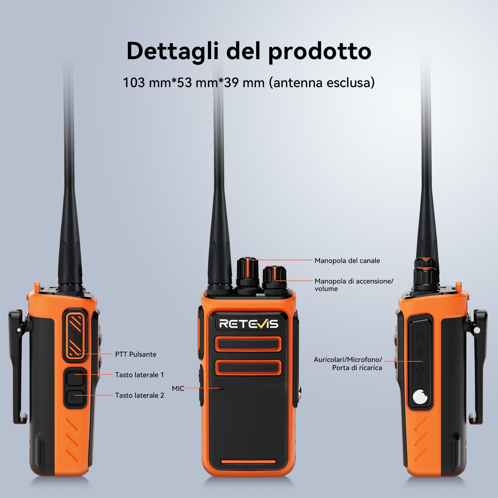Retevis C66 Walkie Talkie Lungo Raggio, Ricetrasmittente Ricaricabile | Ricarica Rapida, CTCSS/DCS, per la Sicurezza Dell'hotel, Arancione, 4 Pezzi