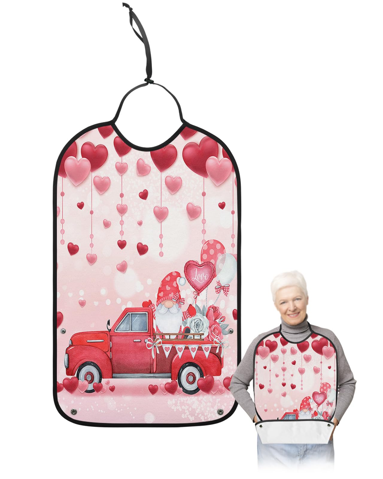 Valentine Truck Adult Bibs for Eating, Waterproof Bibs with Food Catcher & Adjustable Snap Closure, Gnomes with Red Love Heart Roses Romantic Clothing Protectors Adult Bibs for Elderly Women/Men