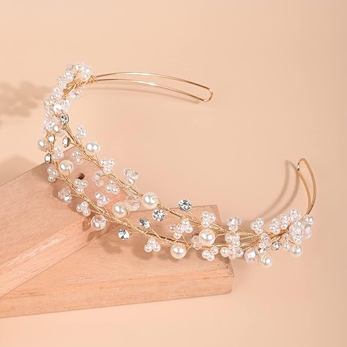 Miniatura 2 de Xerling Tiara de cristal dorado con perlas y diamantes de imitación para niñas, banda para el pelo en capas, para novia, boda, floral, accesorio