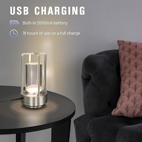 Miniatura 3 de Lámpara de mesa inalámbrica para interiores y exteriores, lámpara de escritorio portátil de metal, lámpara LED recargable de cristal, toque de