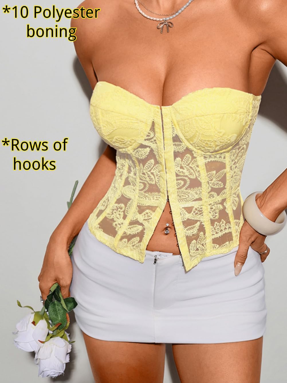 ShawGobow Lace Corset Top For Night Out, Sexy Sheer Floral Corsets Women Fit 00-6, Strapless Bustier Tops Date Club Concert