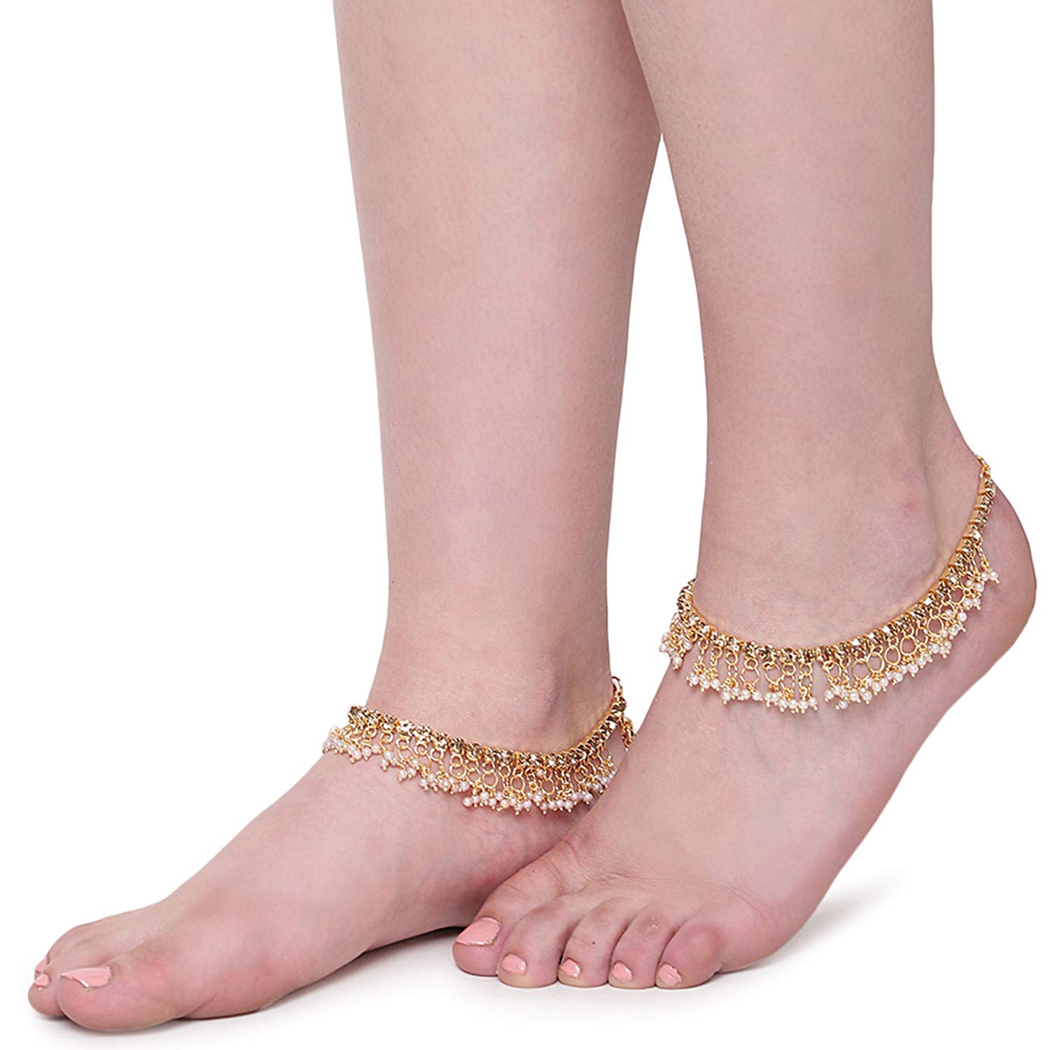 womensky Traditional Pearls Stone Fancy Gold Plated Payal/Anklet/Pajeb/Payjeb/Painjan/Ghungroo/Anklet Bracelet/Pattilu for Women-picture-3
