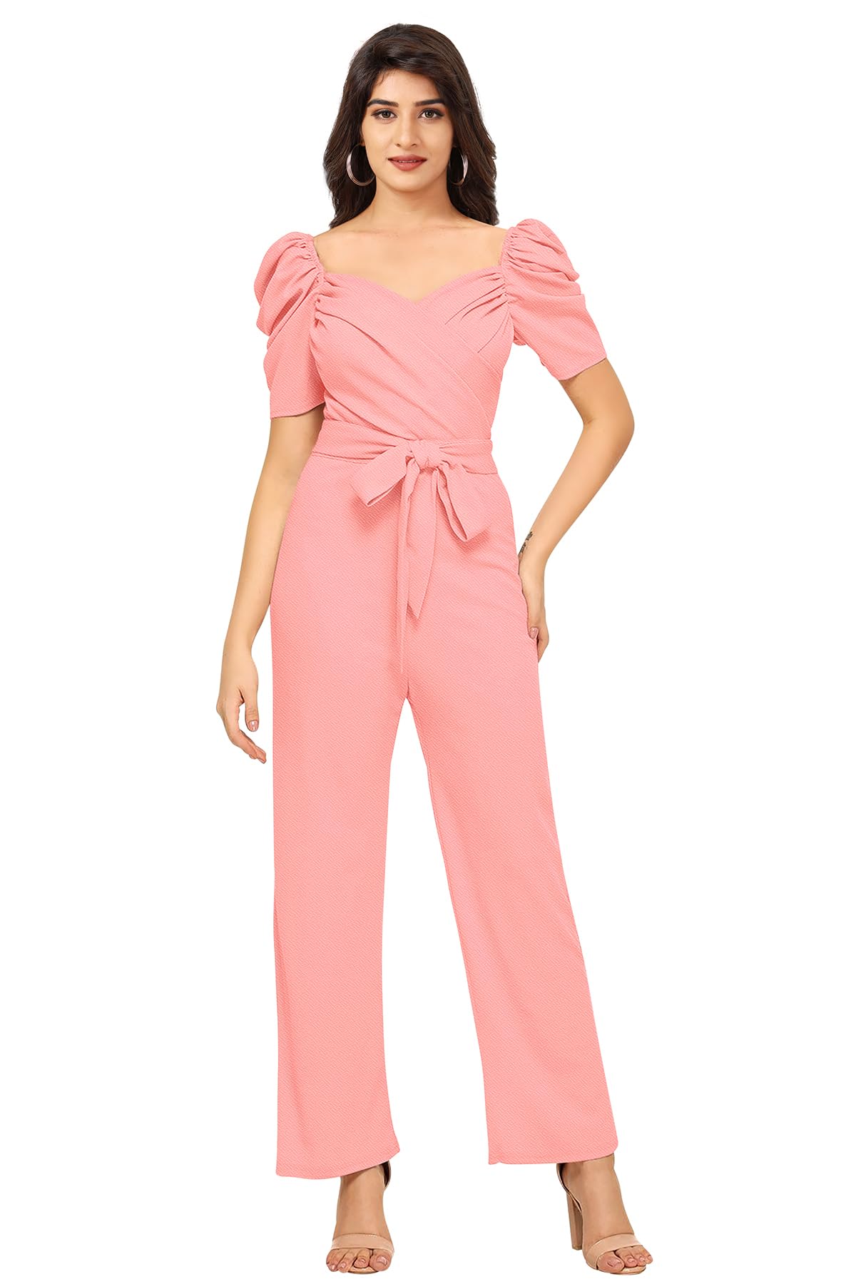 Women's Jumpsuit with Puff Sleeves, Sweetheart Neckline, Belted Waist, Wide Leg Pants-picture-13