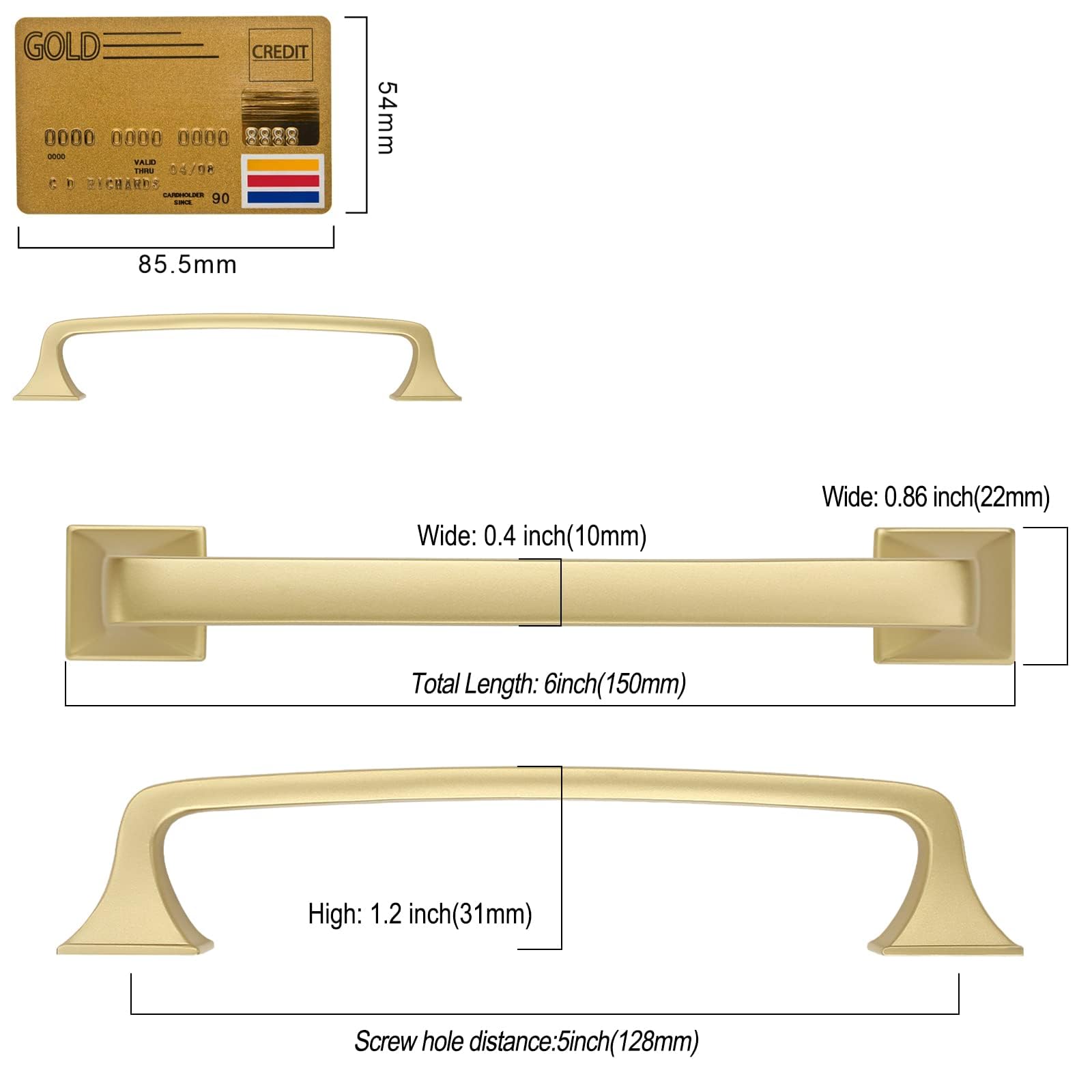 Amerdeco ZH002 - Paquete de 10 tiradores dorados cepillados para armarios con orificio central de 5 pulgadas (128 mm), tiradores para gabinetes de cocina, tiradores de baño