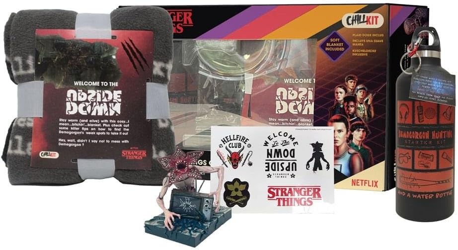 Neamedia Icons Netflix Chill Kit - Stranger Things, Official license, Fleece blanket, Collectible figurine, Stainless steel water bottle, Stickers board, gift idea for geeks and fans, christmas