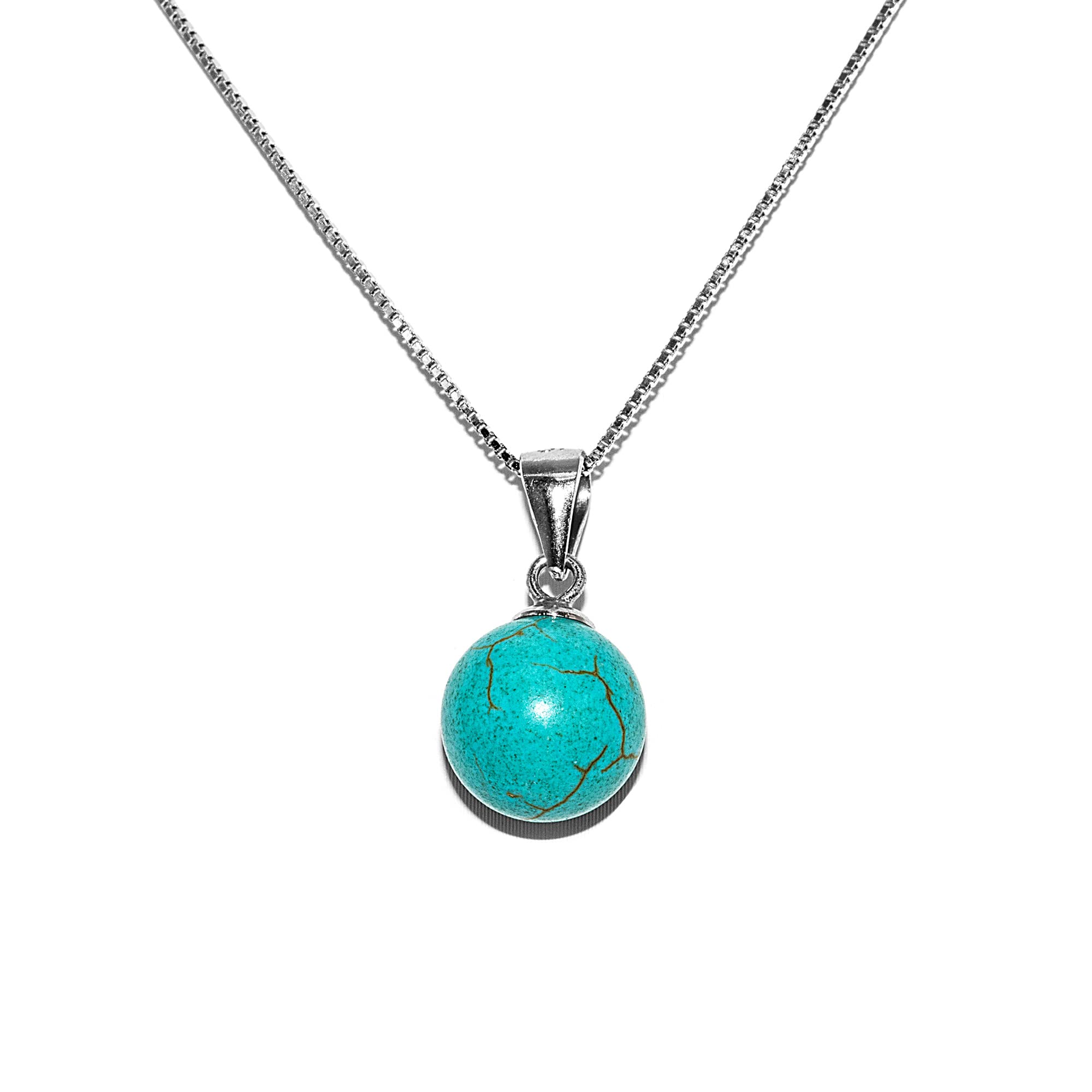 Venezianer Kette Halskette 0,6 mm dünn Perlenanhänger Tigerauge - Cat Eye - Türkis 925 Sterling Silber Damen Halskette 10mm Perlen
