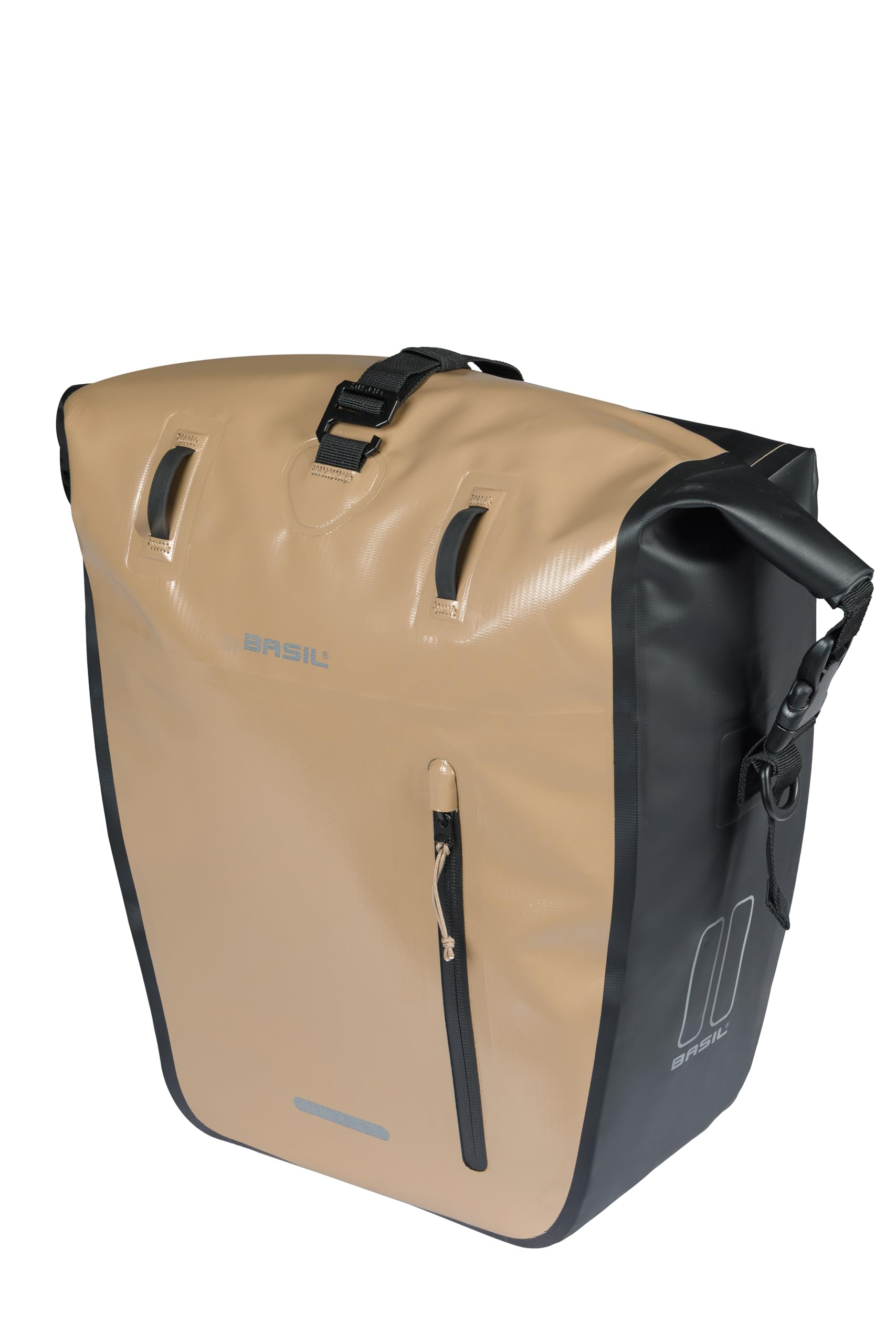 Basil Rivo Single Bicycle Pannier Rack - Waterproof 25-31L - Reflective - Made of Tarpaulin - with MIK Hooks - 28 x 14 x 43 cm - Sand