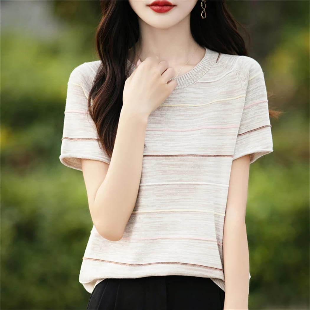 Camicetta estiva da donna in cotone a maniche corte casual a righe camicetta girocollo top pullover allentato t-shirt