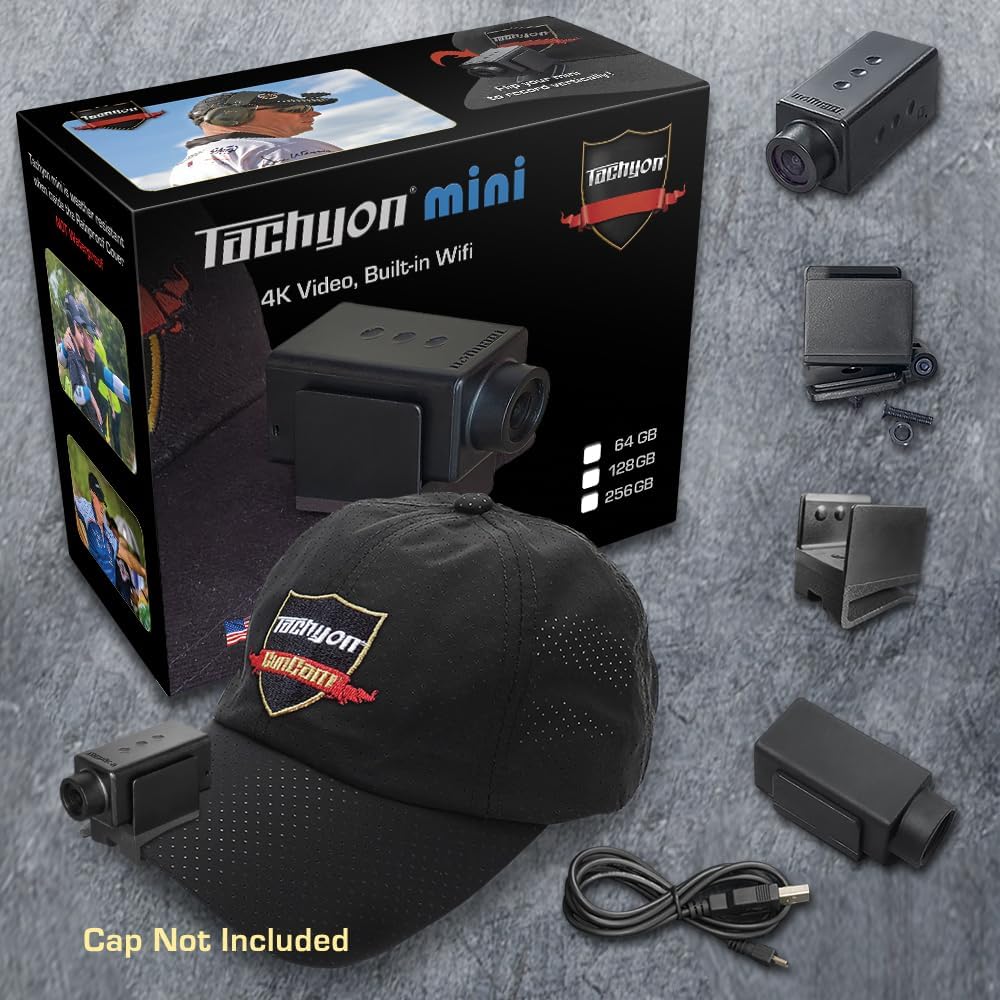 TACHYON Mini Action Camera with Built-in 64GB and WiFi, 2K or 4K Video Resolution, Auto-Stop, Hat Cam, Helmet Cam, Cap Mounted Video Camera for USPSA, IPSC, IDPA, Practical Shooting