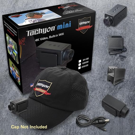 TACHYON Mini Action Camera with Built-in 64GB and WiFi, 2K or 4K Video Resolution, Auto-Stop, Hat Cam, Helmet Cam, Cap Mounted Video Camera for USPSA, IPSC, IDPA, Practical Shooting