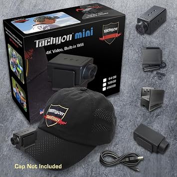 TACHYON Mini Action Camera with Built-in 64GB and WiFi, 2K or 4K Video Resolution, Auto-Stop, Hat Cam, Helmet Cam, Cap Mounted Video Camera for USPSA, IPSC, IDPA, Practical Shooting