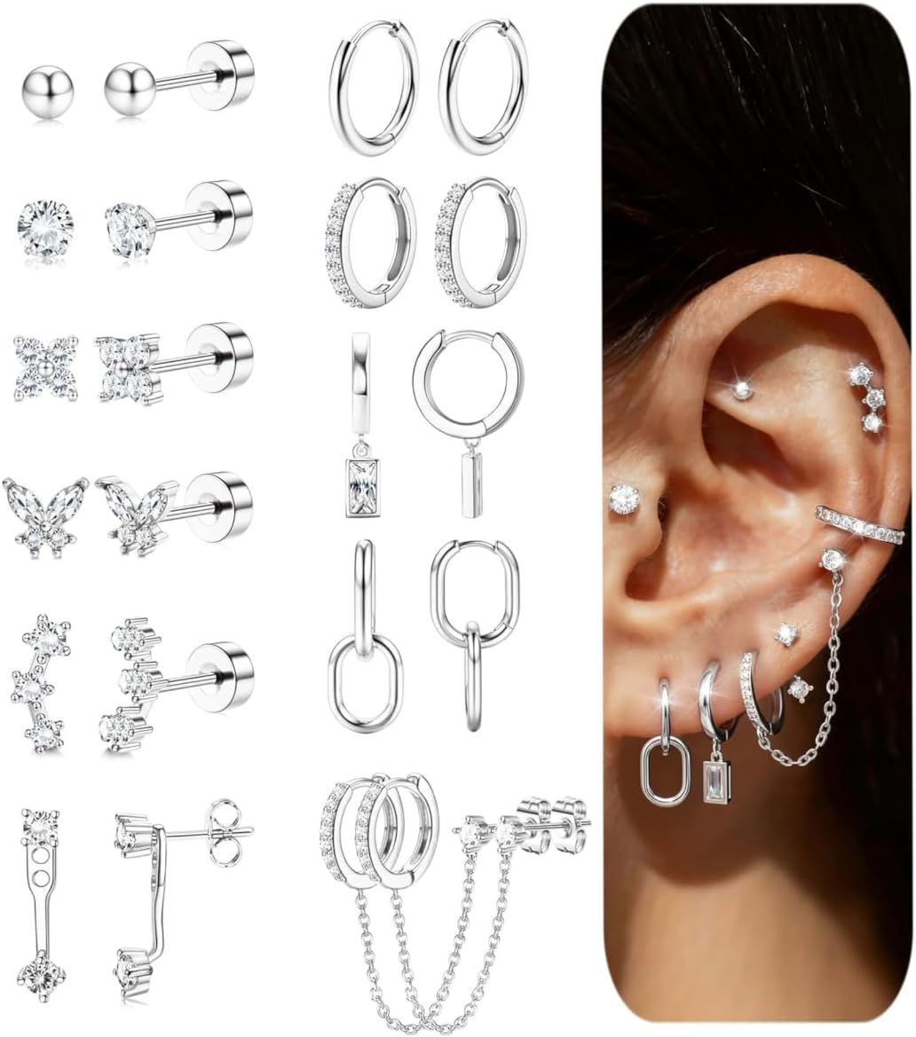 Small 14K Gold Plated Huggie Hoop Earrings for Women Lightweight Double Piercing Chain Earrings Dainty Stud Earrings Hypoallergenic 14K Gold Plated Hoop Earrings Set