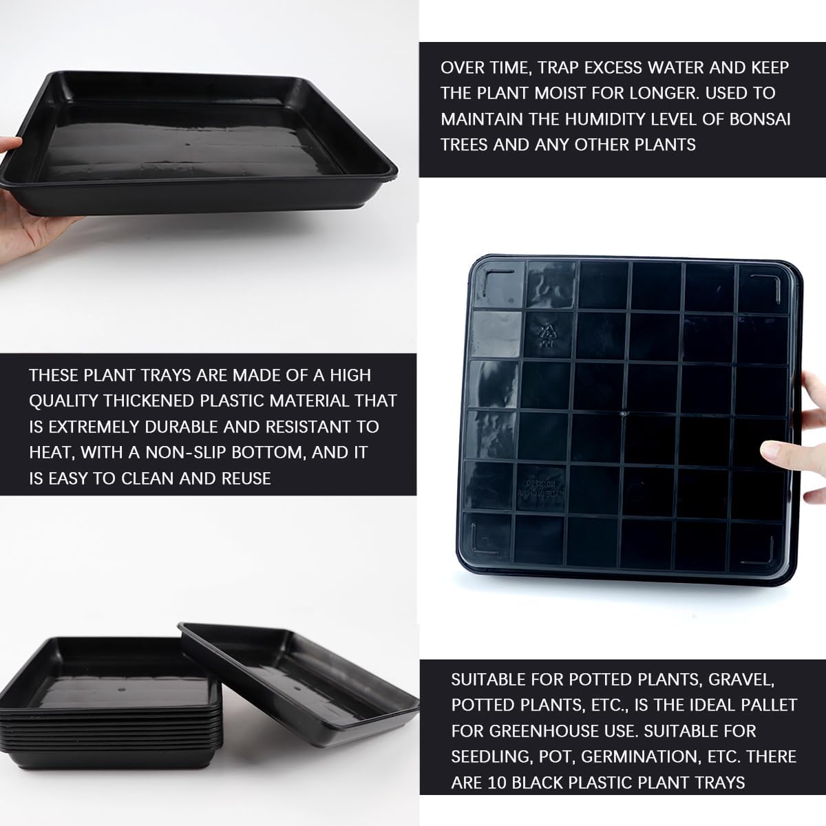 10Pcs Square Plant Pot Saucer 11 Inches Thick Plastic Flower Pot Bottom Seat Flower Pot Tray Drip Tray for Garden Potted Water Drips and Soil（Black）