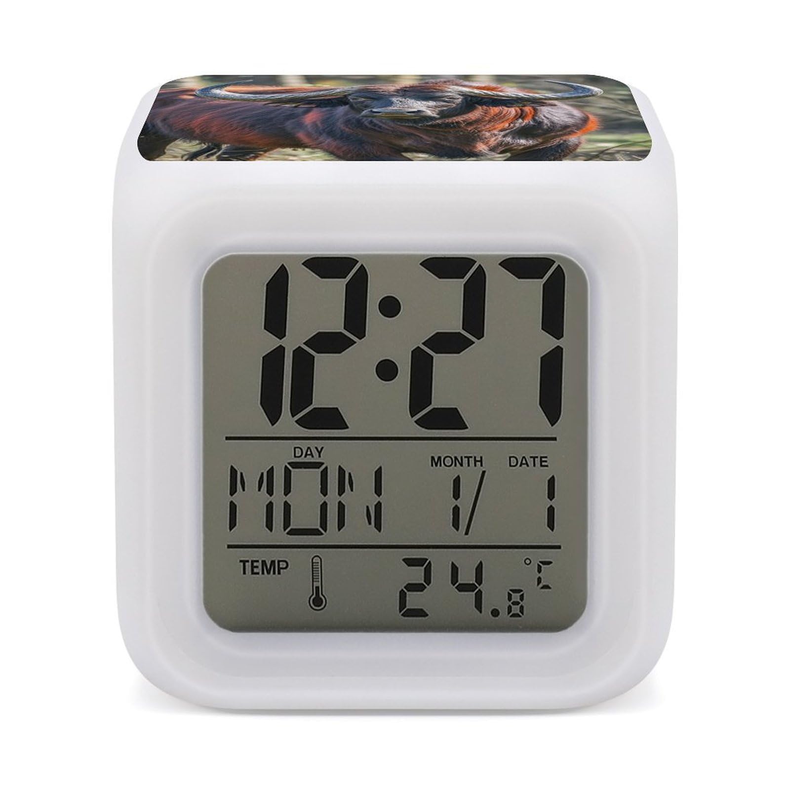 LZQPOEAS Cow Alarm Clock Desk Clock with 7 Color Changing Night Light Digital Clocks with Temperature Display Sleep Training and Sound Machine for Heavy Sleeper