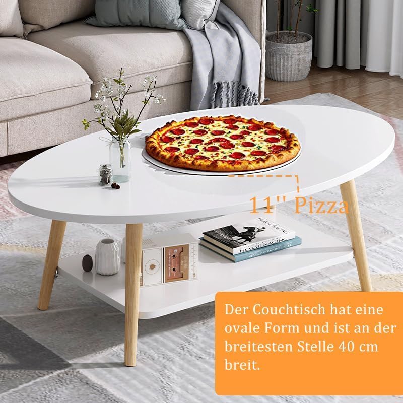 Couchtisch Kiefernholz 2 Ablagen,80x40 Oval Weiß Kleiner Wohnzimmertisch