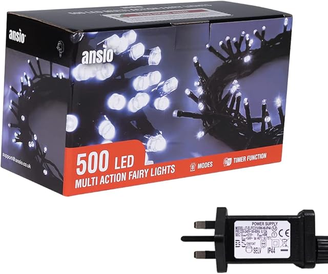ANSIO® Christmas Lights 500 LED 50m/164ft Christmas Tree Lights for Indoor & Outdoor Cool White Decorations Fairy String Lights with Timer for Xmas Garden Bedroom & Party | Mains Powered Clear Cable