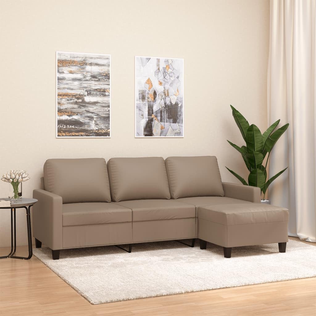 3-osobowa sofa cappuccino brązowa sztuczna skóra z taboretem o szerokości siedziska 180 cm, stabilny stelaż, wygodna tapicerka, wszechstronna, do salonu, biura, relaksu i komfortu kanapy