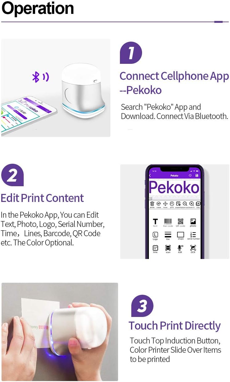 PEKOKO Handheld Printer Portable Mini Inkjet Printer Color Barcode Printer 1200dpi Wireless