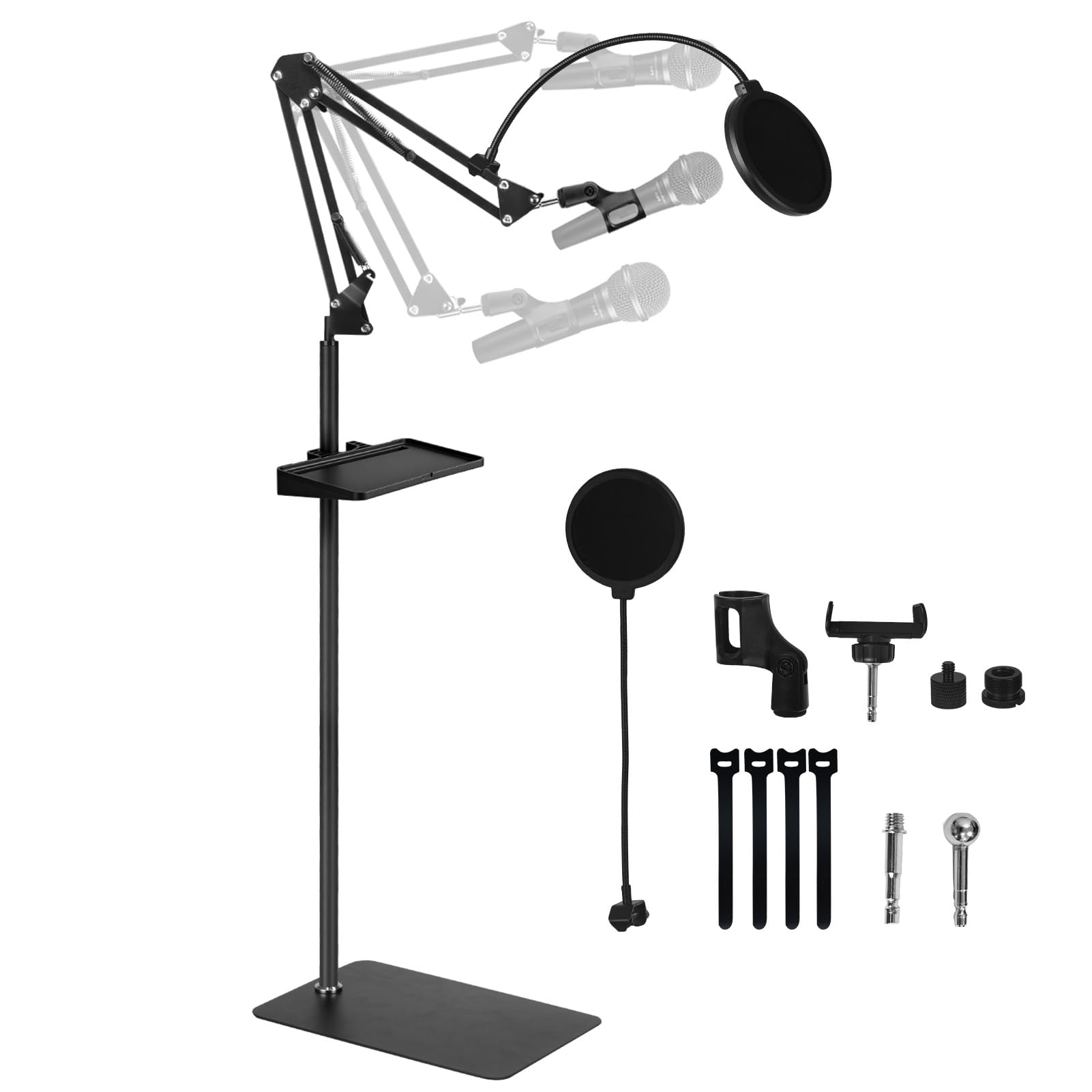 Mikrofon-Bodenständer für Blue Yeti, Nano, Snowball, HyperX QuadCast, SM7B MV7, Fifine K688 und mehr, Galgen-Mikrofonständer-Clip-Halter mit 3/8 Zoll bis 5/8 Zoll 1/4 Zoll Schraube