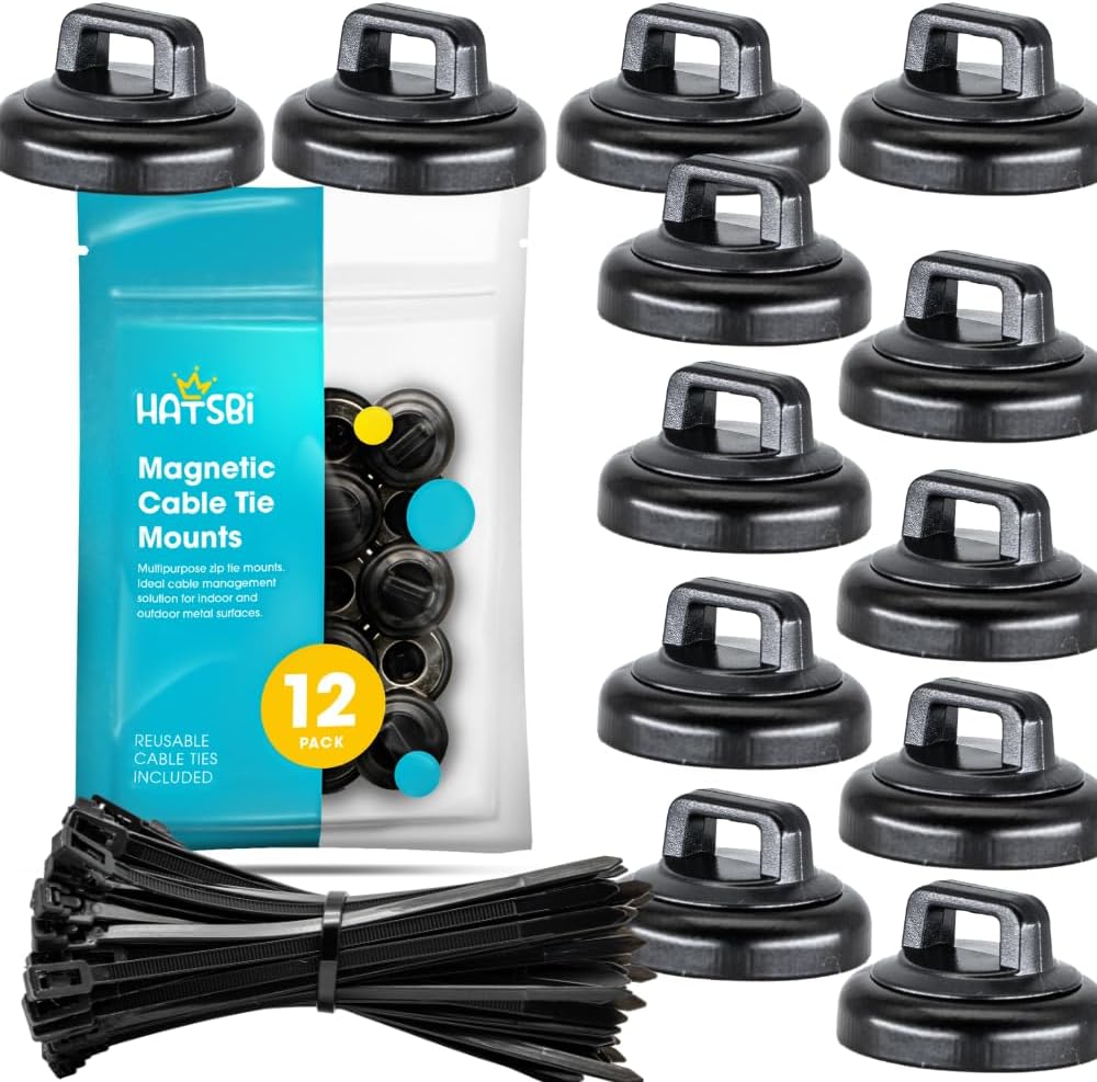 Magnetic Cable Zip Tie Mounts. Black. 12 Pack. Includes 12 Black Cable Zip Ties. Ideal for Cable Management