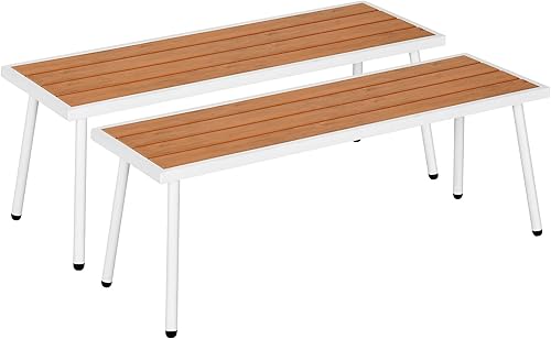 YITAHOME Juego de 2 bancos de madera sintética para exteriores, banco de patio resistente a la intemperie con listones para 3, asiento sin respaldo