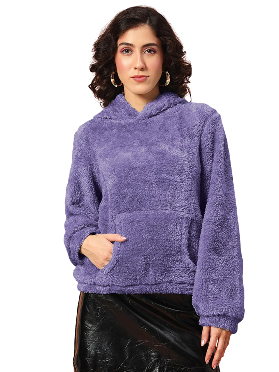 the dry state Women's Basic Fit Teddy Fur Hoodie with Kangaroo Pocket | Grape Compote - Size L-picture-41