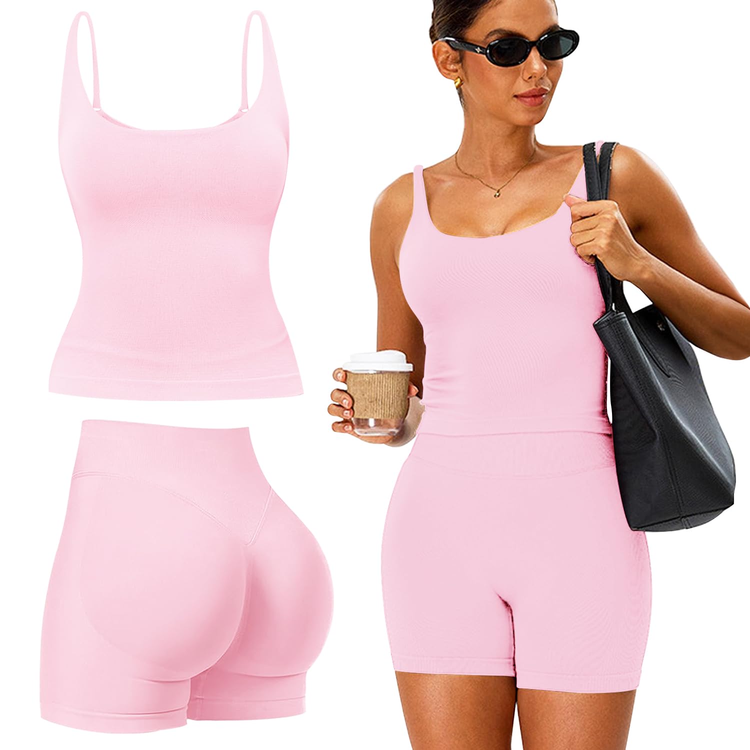 JN JANPRINT Conjunto de gimnasio para mujer, 2 piezas, sin costuras, cuello cuadrado, camiseta sin mangas, pantalones cortos ocultos, trajes de yoga, chándal de entrenamiento