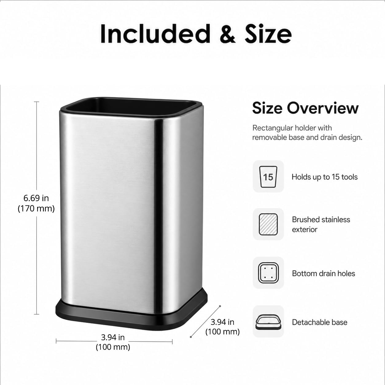 QWORK Kitchen Utensil Holder for Countertop, 7 x 4.75 x 4.35 Inch Stainless Steel Spatula Organizer – Modern Rectangular Cooking Utensil Caddy for Spoons, Ladles, Whisks, Silver