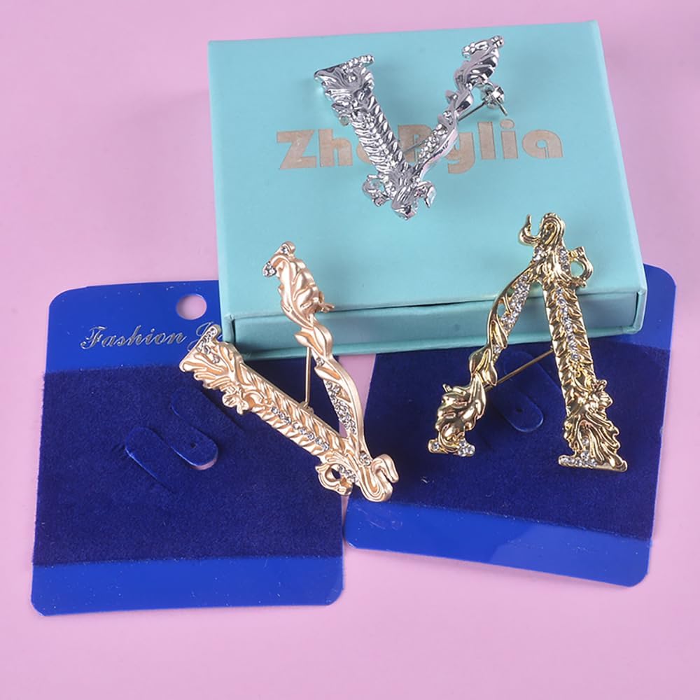 Big Geometric V Letter Enamel Brooches for Women Gold Silver Vintage Cubic Zirconia Pins Suit Coat Accessory image 4