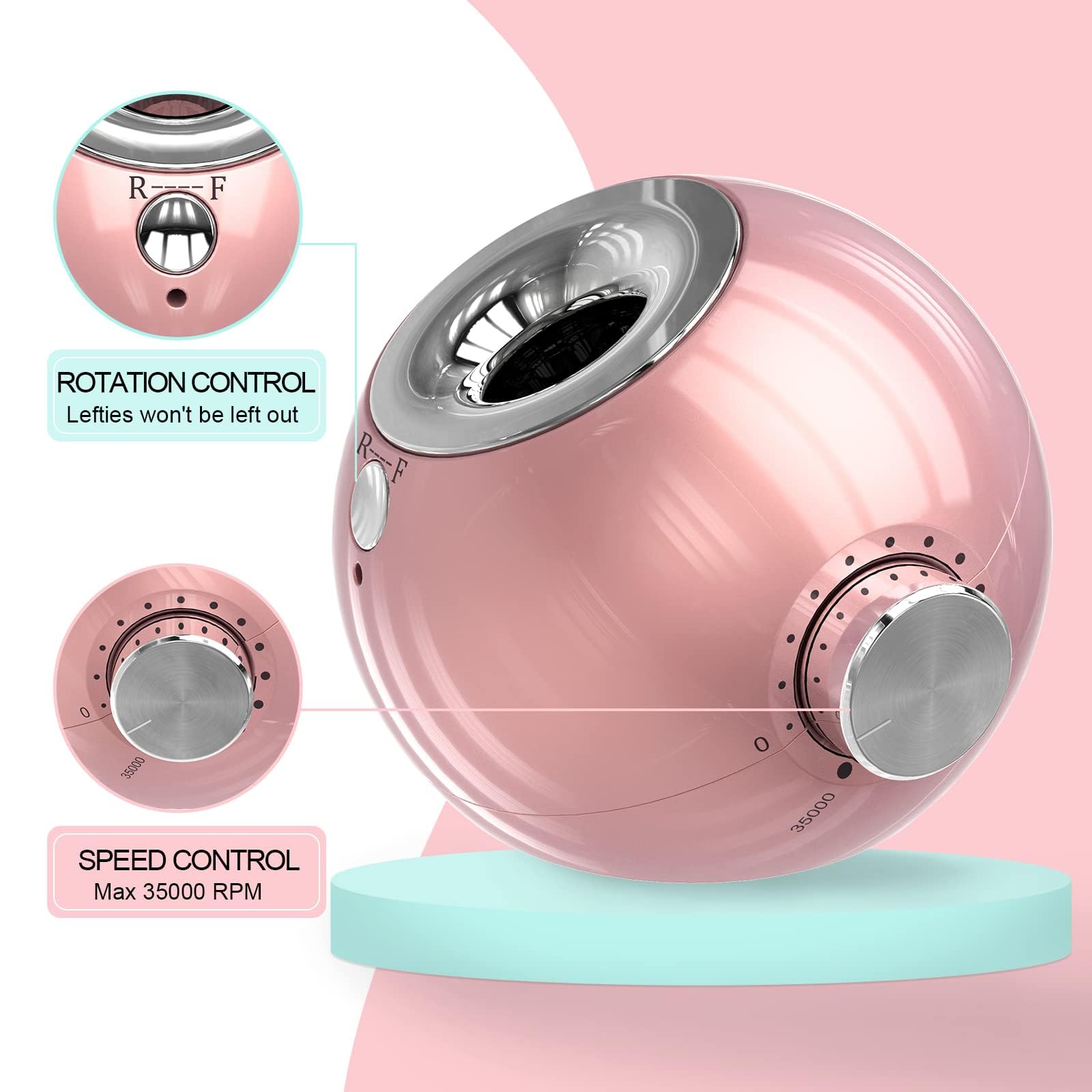 Delanie Torno para Uñas Profesional 35000 rpm Portátil Eléctrico de Gel o Acrilicas con 6 Fresas para Torno Manicura y Pedicura (Rosa Non Recargable)