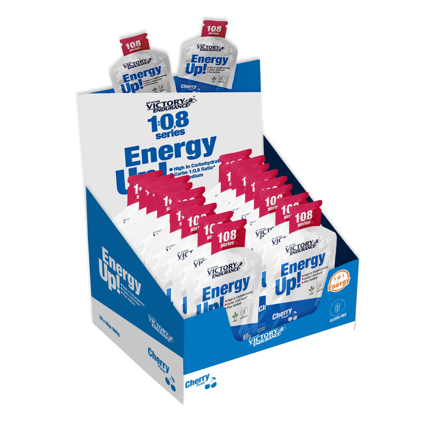 Victory Endurance Energy Up Gel 1:0,8 Series (24x40g) Sabor Cereza, Alto en Carbohidratos Ratio 1:0,8 maltodextrina:fructosa para energía adicional, rápida absorción, extra de sodio, vegan, sin gluten